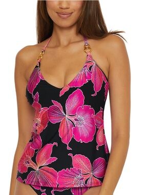 Trina Turk Fleury Chain- Trim Black Halter Tankini Top/ Floral Print Size 8